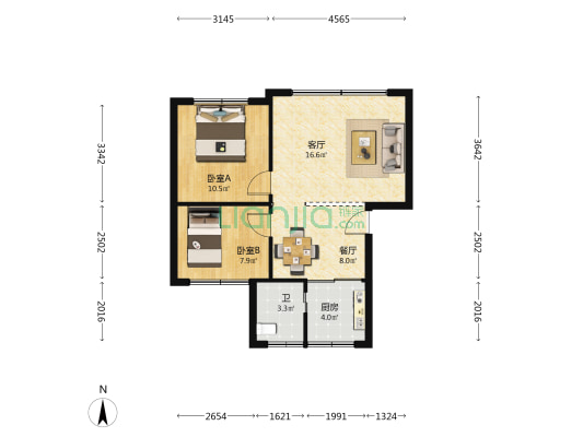 金东花园小区 2室2厅1卫 68平方