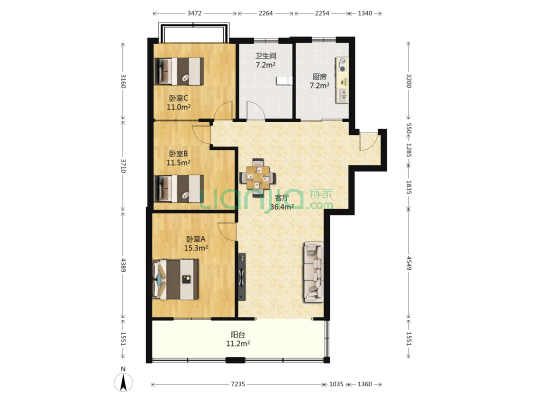 涌鑫花园 3室1厅1卫 115平方