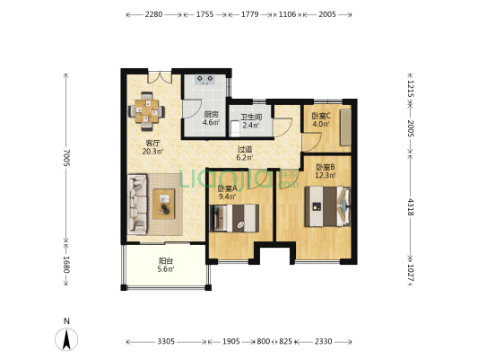 国信世家臻园 3室1厅1卫 88平方