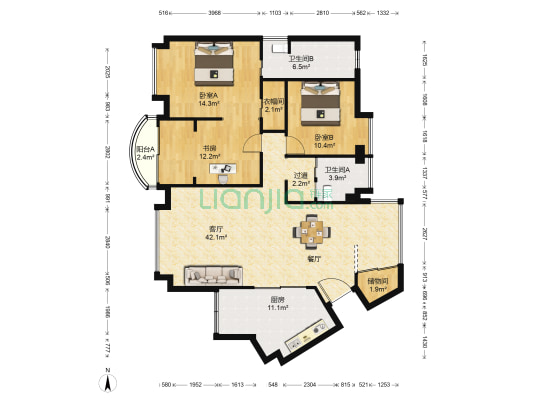 东湖花园三期 3室1厅2卫 136平方
