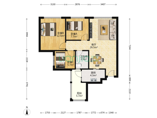 宇众悦府 3室1厅1卫 59平方