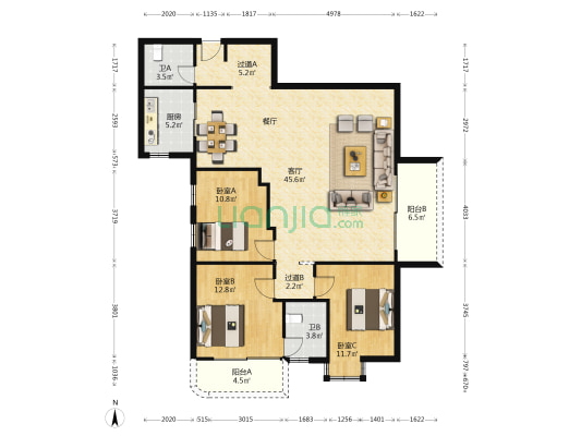 广达豪门住宅楼 3室1厅2卫 136平方