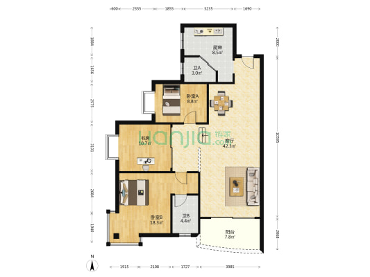 创远景园 3室1厅2卫 123平方
