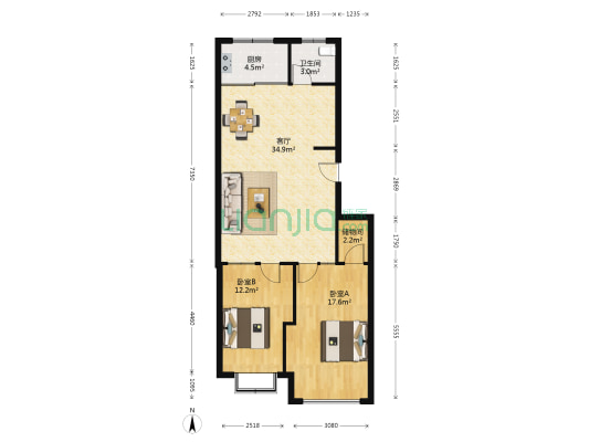 福利莱小区 2室1厅1卫 93平方