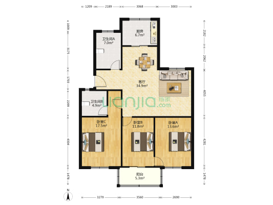 珠峰新村西二区 3室1厅2卫 120平方