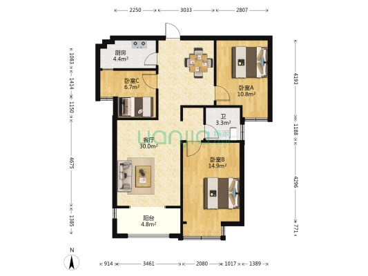 物华国际 3室1厅1卫 99平方