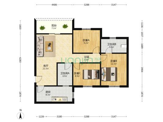 天怡广场 3室1厅2卫 93平方