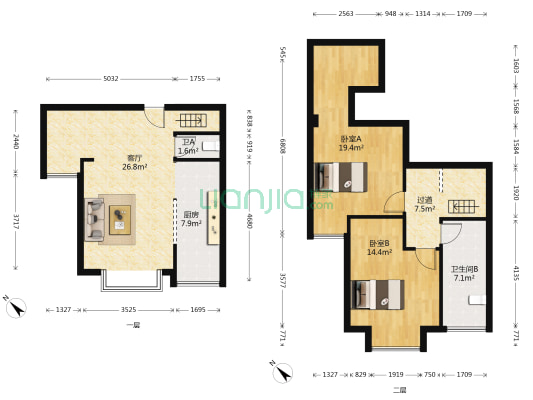 上丁跃世界 2室1厅2卫 85平方