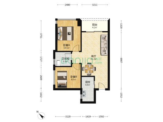 万科启城 2室1厅1卫 70平方