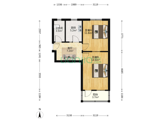 东环北路32号院 2室1厅1卫 55平方