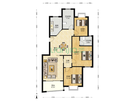 凤凰绿郡南区 3室1厅2卫 123平方