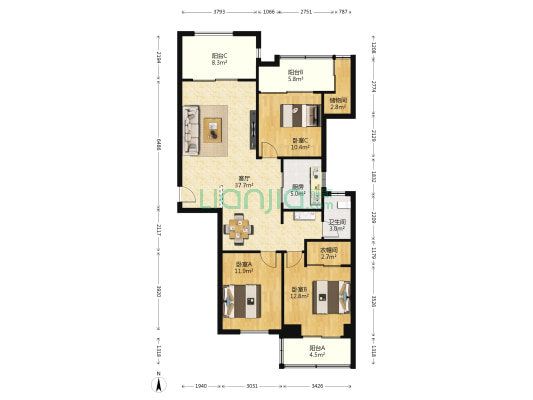 瑞鸿名邸 3室1厅1卫 121平方