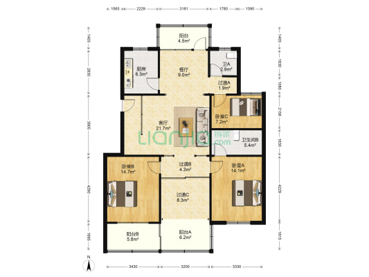 新桥小区 3室2厅2卫 128平方