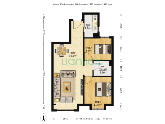 上善颐园芷菱苑 2室1厅1卫 88平方
