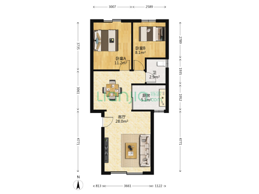 九曜山家园 2室1厅1卫 87平方