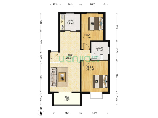 临湖雅苑 2室1厅1卫 87平方