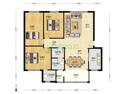中西医结合医院家属区 3室2厅3卫 132平方