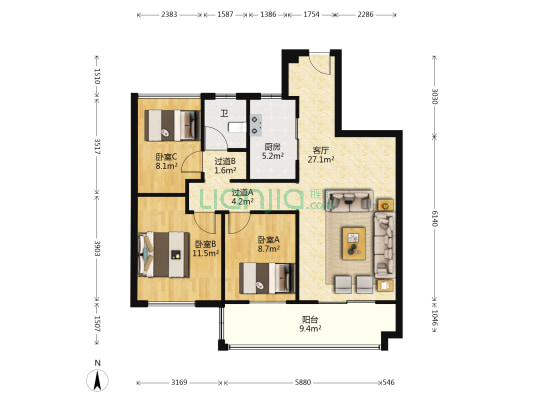 依澜雅居二期 3室1厅1卫 94平方依澜雅居二期户型图根据链家网调查