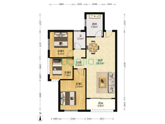 荣盛花语书苑 3室1厅1卫 96平方