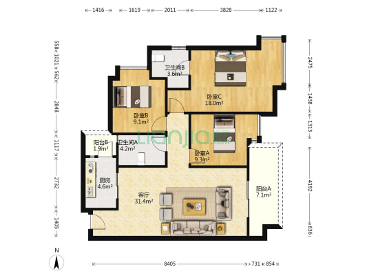 华宇旭辉锦绣广场 3室1厅2卫 110平方