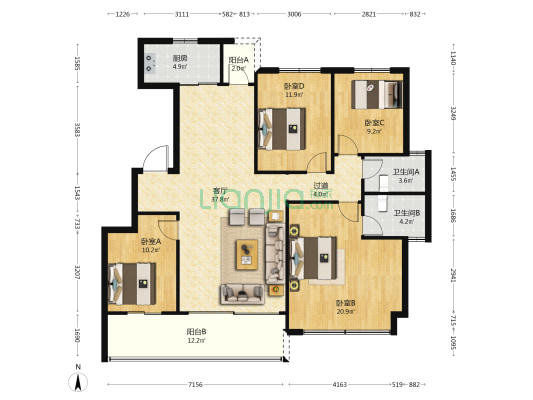 中车共享城三期 4室1厅2卫 144平方