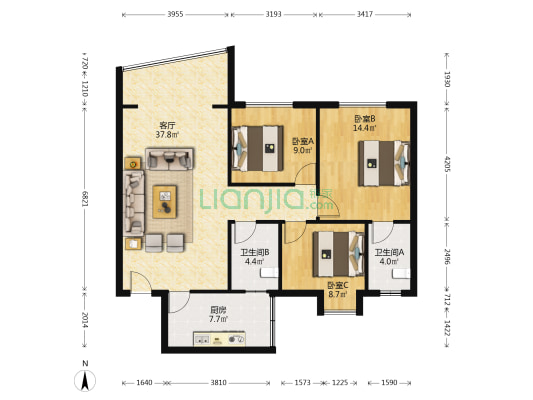 华明居 3室1厅2卫 104平方