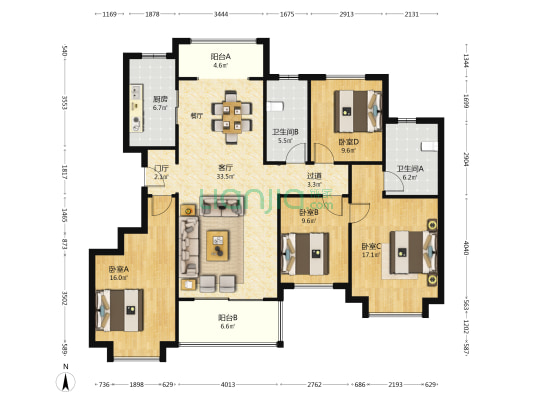 雅居乐湖居笔记览山 4室1厅2卫 139平方