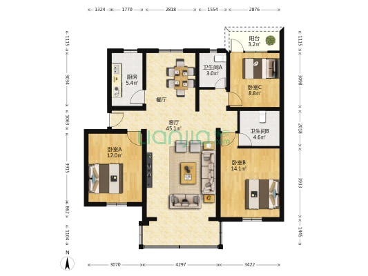 丰泽苑小区 3室1厅2卫 114平方