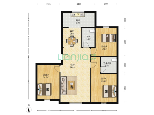 路弘阳光华苑 3室2厅2卫 133平方