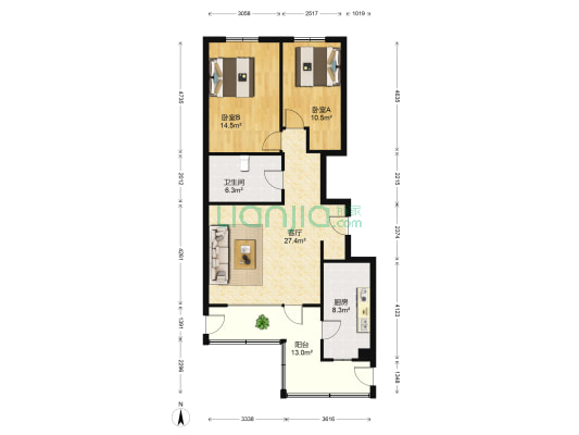 龙泽金水尚都西区 2室1厅1卫 98平方