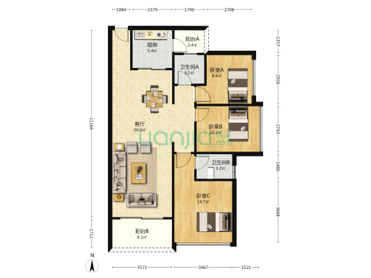 福鑫公馆 3室1厅2卫 103平方