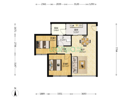 山语中 2室1厅1卫 78平方