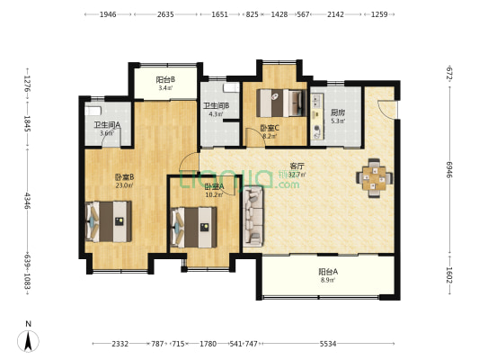 远洋万和四季 3室1厅2卫 127平方