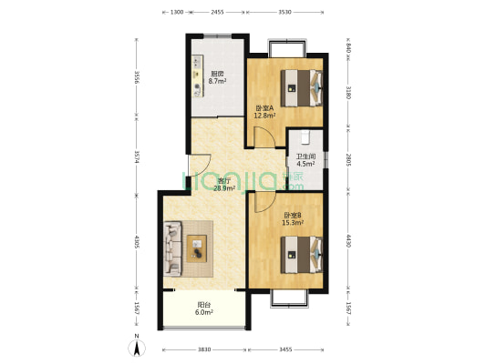 南山城市花园B区 2室1厅1卫 97平方