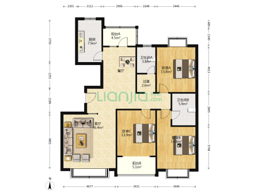 环翠花园 3室1厅2卫 158平方