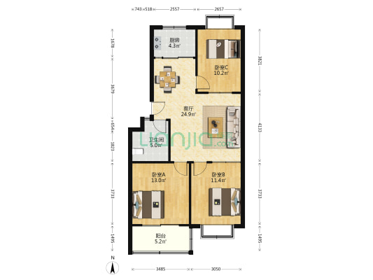 华都三产办宿舍 3室1厅1卫 92平方