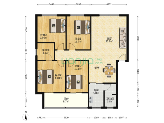 银杉路279号 4室1厅1卫 125平方