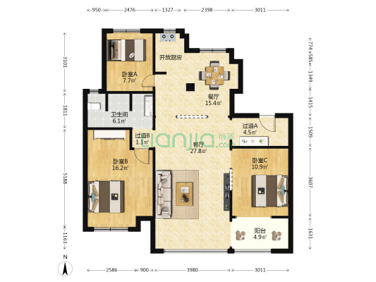 绿地国科璟园 3室2厅1卫 117平方