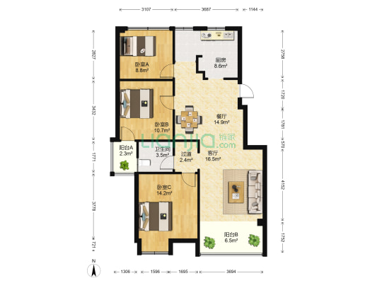 唐韵花苑 3室2厅1卫 97平方
