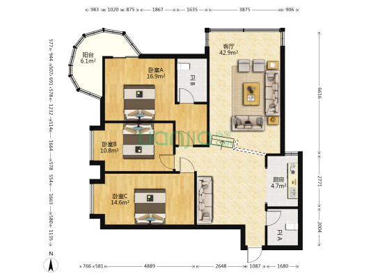 万象国际 3室1厅2卫 140平方
