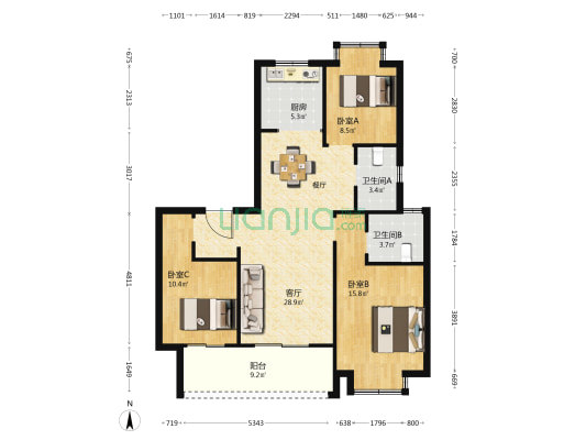 如东橙悦苑 3室1厅2卫 117平方