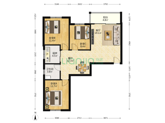 枇杷塘社区 3室2厅1卫 90平方