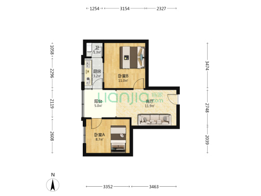 王家坡上街 2室1厅1卫 54平方