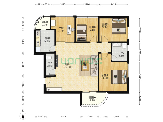 拱北九洲大厦 4室1厅2卫 119平方