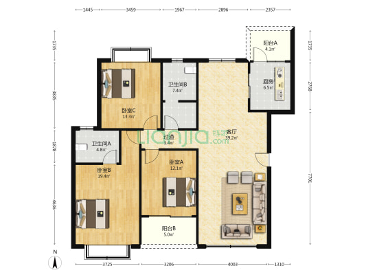 学府小区 3室1厅2卫 135平方