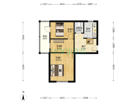 清明七道街 3室1厅1卫 60平方