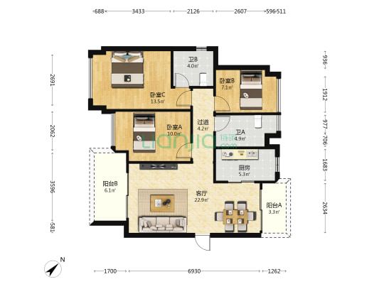 招商依云华府 3室1厅2卫 103平方