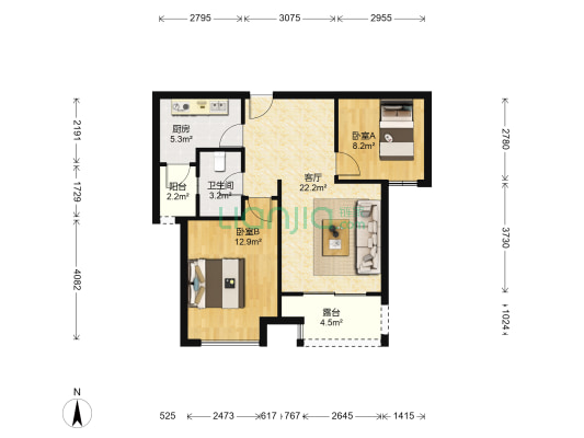 胶州宝龙城市广场 2室1厅1卫 108平方