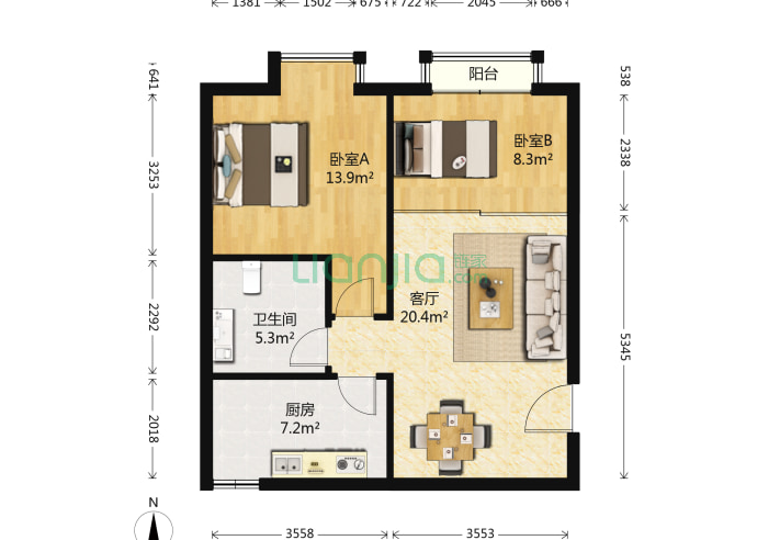 2室1厅1卫68.4㎡-北京兰德华庭户型图
