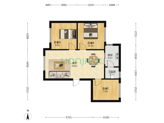 园亭路 3室1厅1卫 76平方